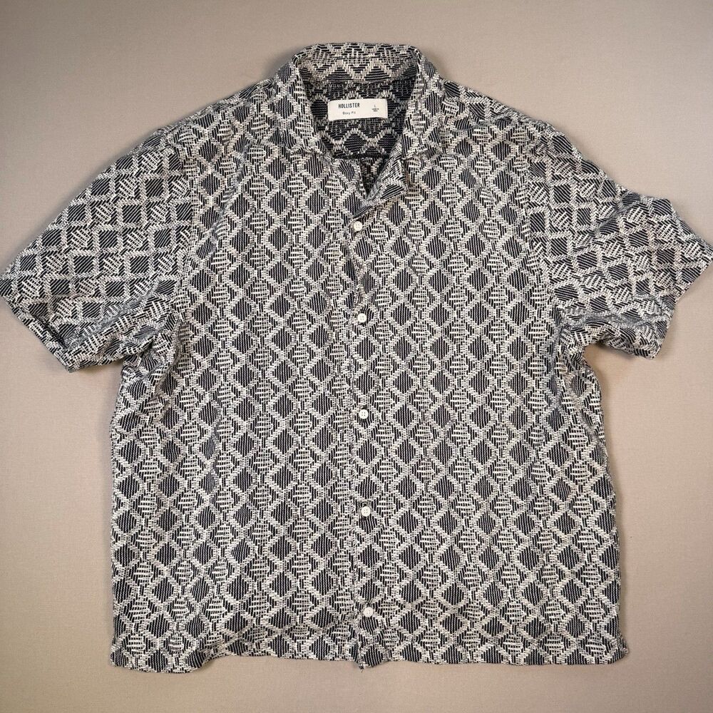 Hollister Knit Button-Up Shirt Mens Large Black/White Short Sleeve Boxy Fit